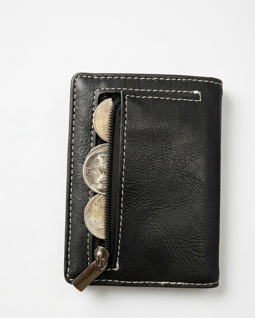 Black leather wallet with coin holder on a white background