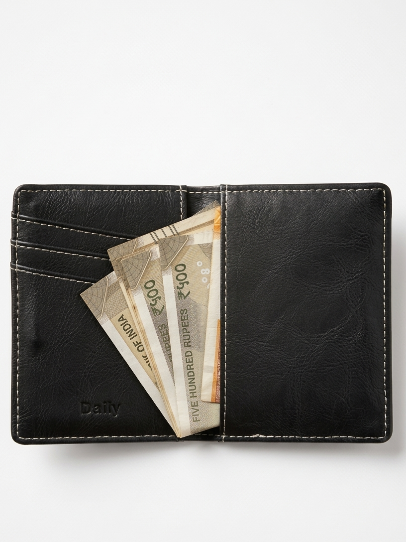 Black leather wallet with currency notes on a white background