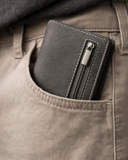 Gray leather wallet with a zipper in a pocket